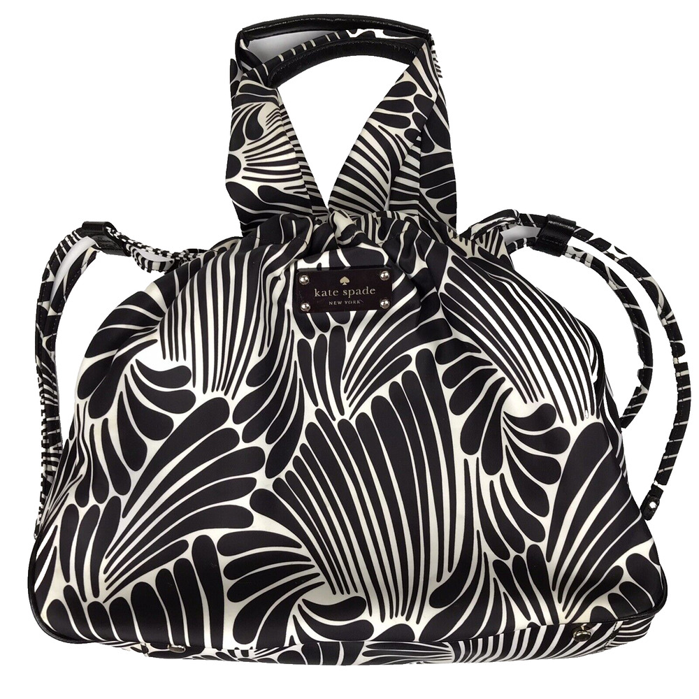 KATE SPADE Brown Ivory Drawstring Bucket Bag Tote Shoulder Straps Nylon Mod Boho